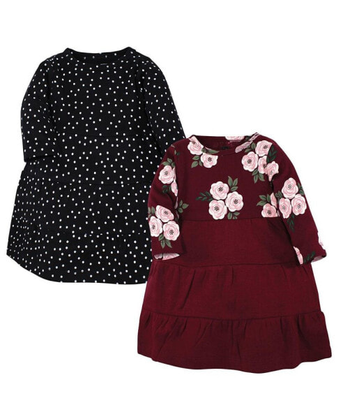 Toddler Girls Cotton Dresses, Black Burgundy Floral