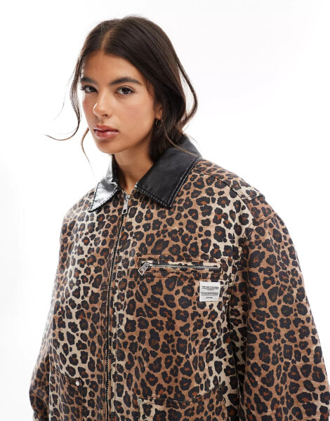 Bershka contrast collar trucker jacket in leopard print