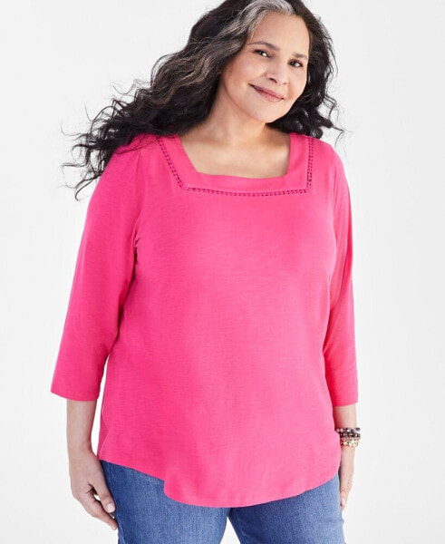 Plus Size Cotton Square-Neck Top, Created for Macy's