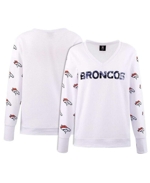 Women's White Denver Broncos Sequin Fleece V-Neck T-shirt