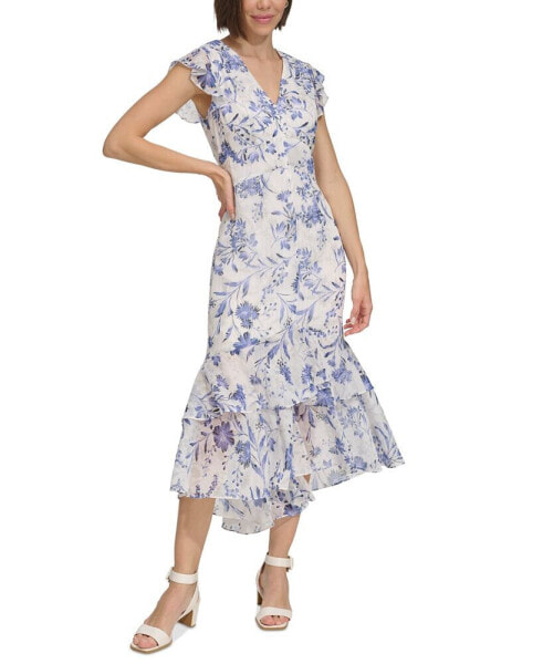 Women's Floral-Print Flutter-Sleeve Midi Dress
