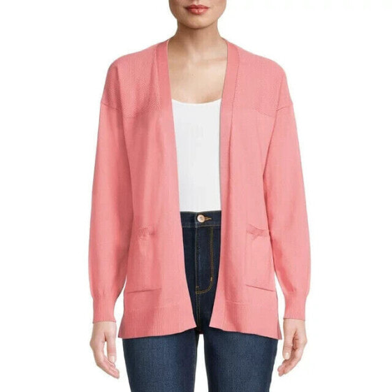 Time and Tru Womens Open Front Cardigan Sweater XS Pink Pockets Longsleeve Solid