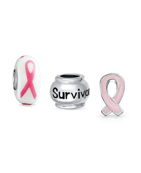 Breast Cancer Survivor Pink Ribbon Mix Set Of 3 Sterling Silver Spacer Bead Fits European Charm Bracelet For Women