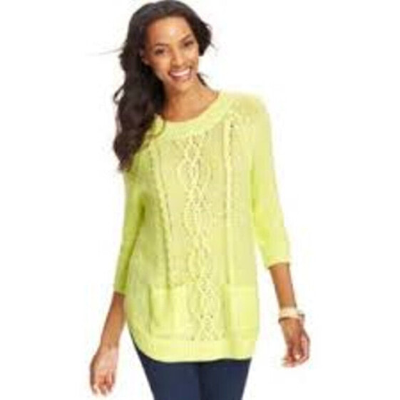 John Paul Richared Women Cable Knit Tunic Sweater Long Sleeve Crew Neck Lime M