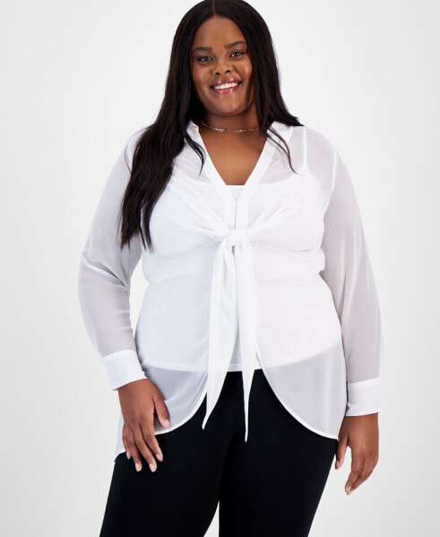 Trendy Plus Size Tie-Front Long-Sleeve Blouse, Created for Macy's