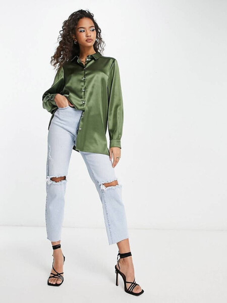 Miss Selfridge oversized satin shirt with diamante buttons in khaki