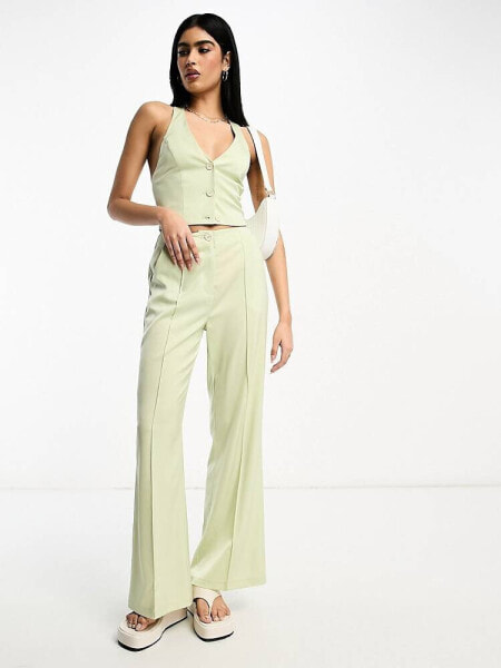 Miss Selfridge co-ord high waist straight leg trousers in green satin