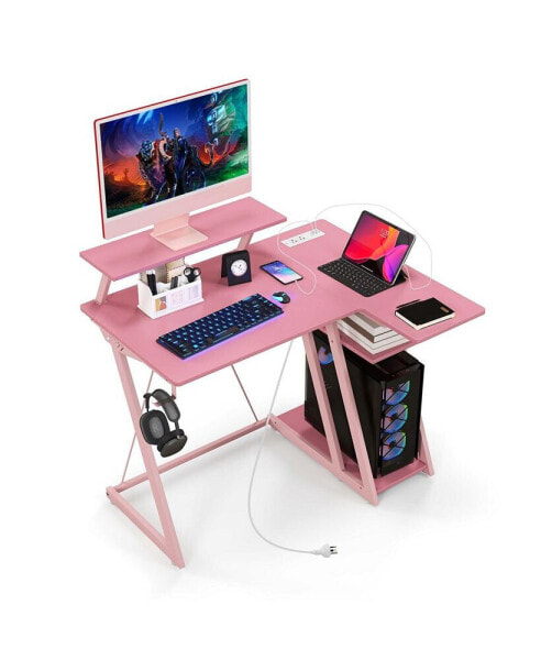 L-Shaped Gaming Desk with Outlets & USB Ports Monitor Shelf Headphone Hook