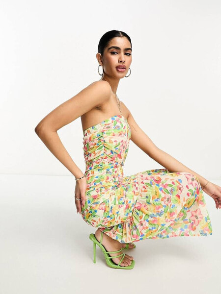 Pretty Lavish bandeau ruched midaxi dress in mixed floral