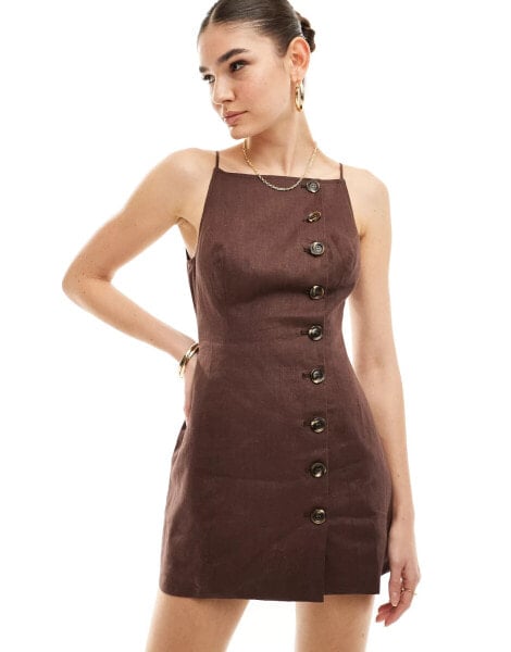 SNDYS linen square neck button down cami mini dress in chocolate