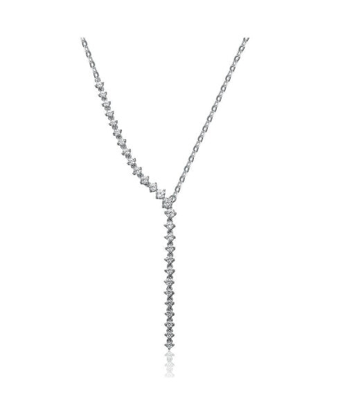 Rhodium-Plated with Cubic ZIrconia Asymmetrical Waterfall Y-Necklace in Sterling Silver