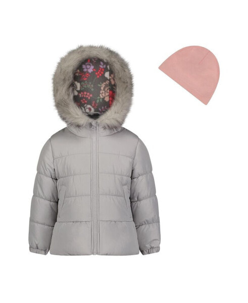 Little Girls Solid with Faux Fur Trim Jacket and Fleece Beanie Set