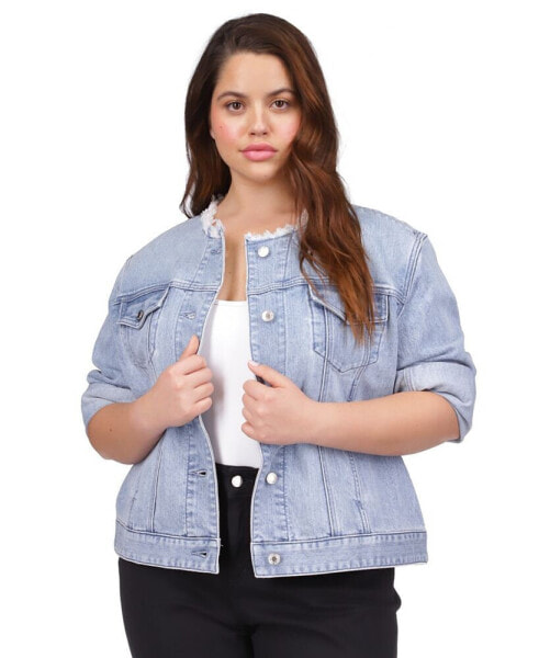 Michael Kors Plus Size Collarless Frayed Denim Jacket