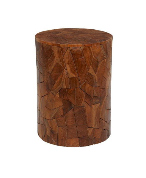 Round Block-Style Teak Wood Mosaic Side Table