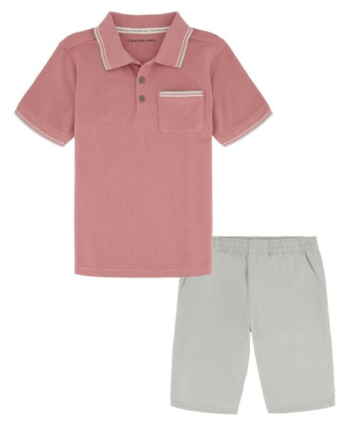 Little Boys Monogram Pocket Pique Short Sleeve Polo Shirt and Twill Shorts, 2 Piece Set