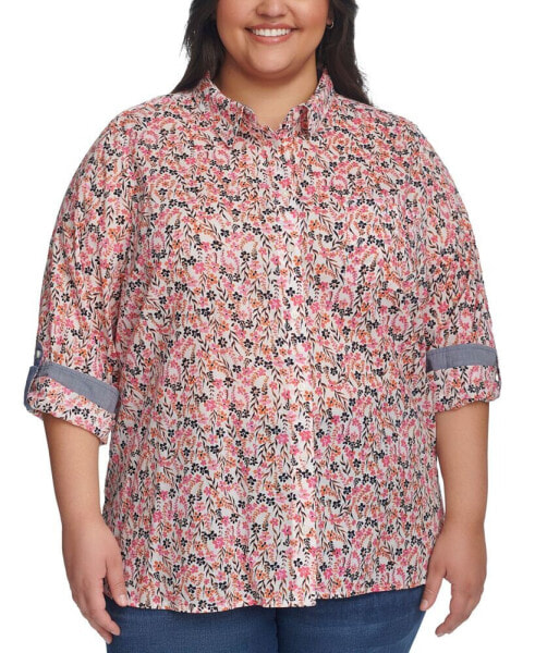 Plus Size Floral Roll-Tab Button-Up Shirt