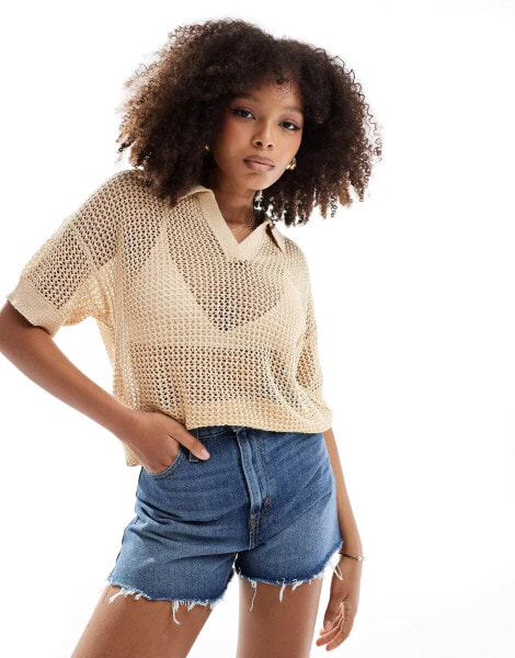 Pimkie crochet collar detail cropped top in camel