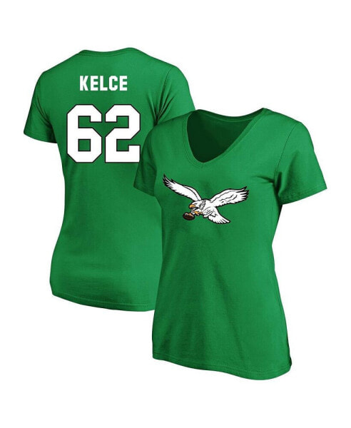 Футболка с V-образным вырезом для женщин Fanatics Jason Kelce Kelly Green Philadelphia Eagles Plus Size Throwback Player Name and Number.