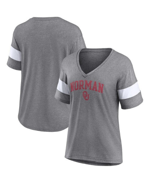 Women's Heathered Gray Oklahoma Sooners Arched City Sleeve-Striped Tri-Blend V-Neck T-shirt