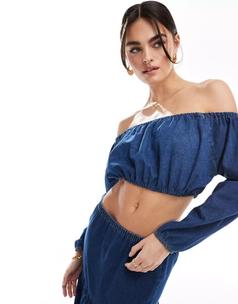 ASOS DESIGN denim prairie cropped top in blue