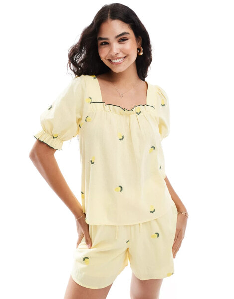 Pieces embroiderd lemon top co-ord in yellow