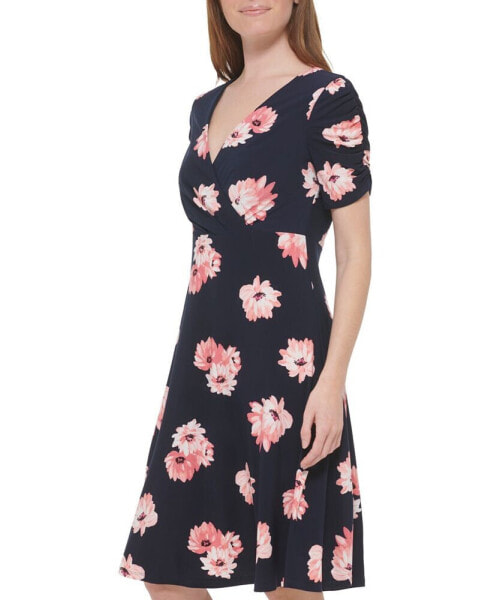 Petite Floral-Print Ruched-Sleeve Dress