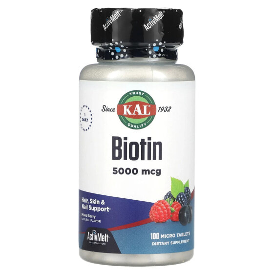 Витамины для волос и ногтей KAL Biotin, Миксберри, 5,000 мкг, 100 микротаблеток