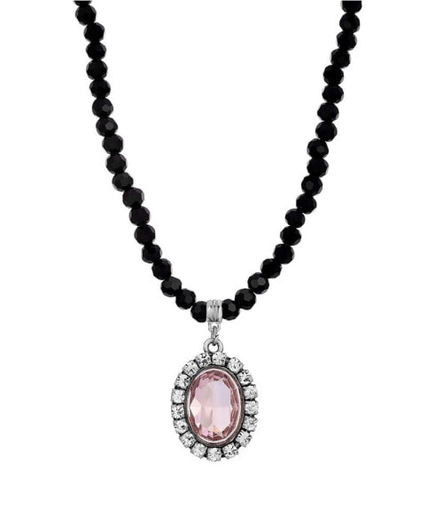 Crystal Rimmed Topaz Oval Black Beaded Adjustable Necklace