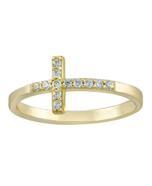 Cubic Zirconia Sideways Cross Ring in Gold Over Sterling Silver