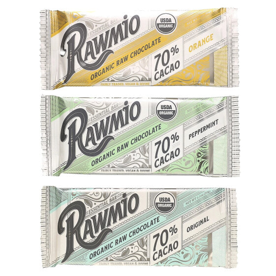 Rawmio, Essential Bar, органический необработанный шоколад, 70% какао, апельсин, перечная мята, оригинальный вкус, 3 батончика по 30 г (1,1 унции)