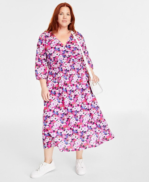 Trendy Plus Size Printed Blouson-Sleeve Cotton Midi Dress, Created for Macy's