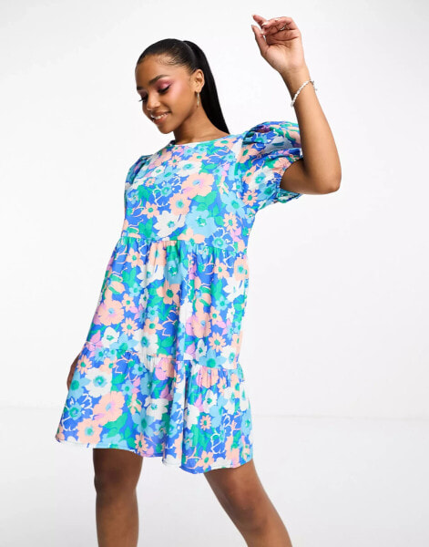 JDY exclusive puff sleeve mini smock dress in print blue & pink floral