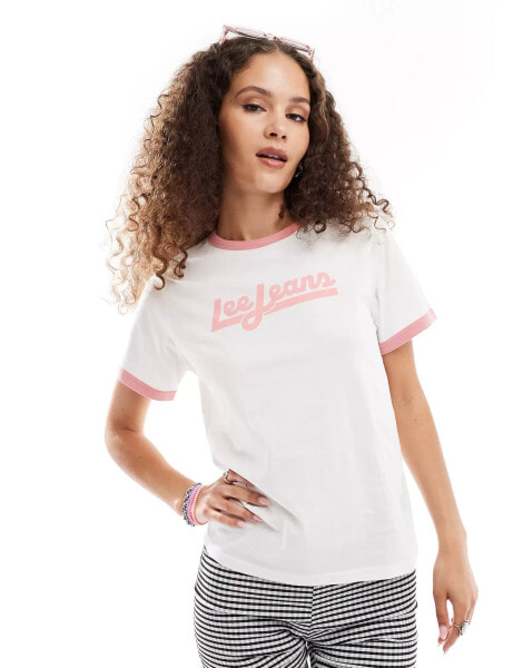 Lee ringer t-shirt in white and pink