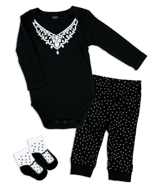 Baby Girls Diamond Necklace Bodysuit, Pants and Socks, 3 Piece Set