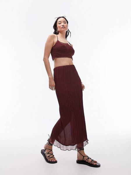 Topshop co-ord plisse straight midi skirt in maroon