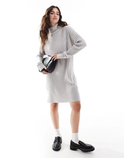 Threadbare roll neck ribbed jumper dress in grey