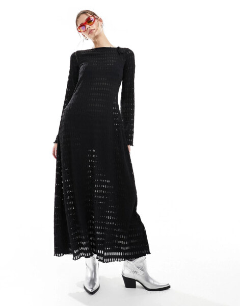 Monki open knitted pointelle beach maxi dress with long sleeves and open back in black