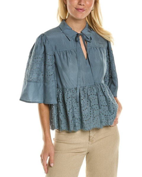 Rebecca Taylor Eyelet Mock Silk Top Women's Blue 0