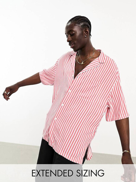 ASOS DESIGN oversized revere longline bowling stripe shirt in rust