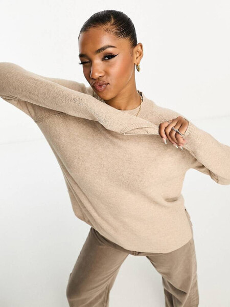 JDY slouchy longline jumper with side split in beige