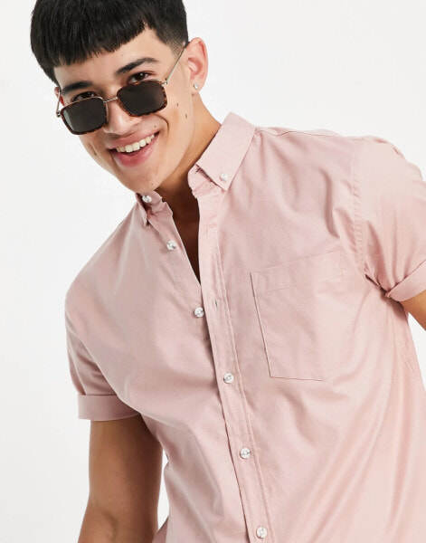 Topman short sleeve oxford shirt in pink