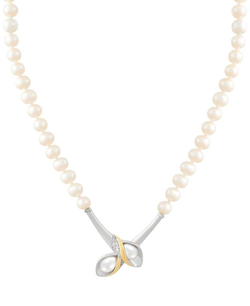 Cultured Freshwater Pearl (4-1/2mm & 7 x 5mm) & Diamond (1/20 ct. t.w.) Flower Bud Inspired 17-1/2" Pendant Necklace in Sterling Silver & 14k Gold