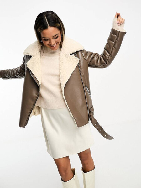 Glamorous chunky aviator jacket in brown and cream shearling