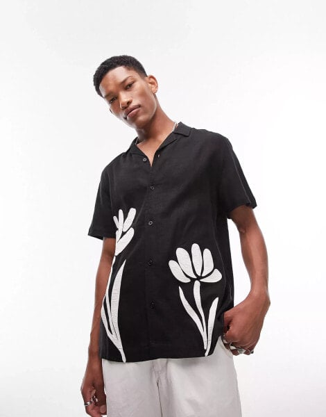 Topman short sleeve embroidered regular fit panel shirt in black