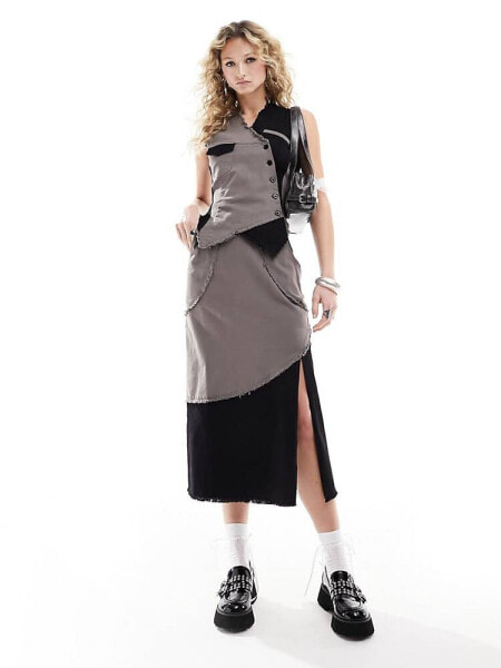 Reclaimed Vintage spliced midi skirt in grey and black