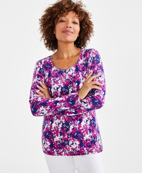 Petite Printed Scoop-Neck Long-Sleeve Top, Created for Macy's