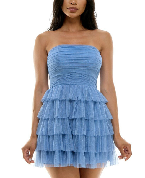 Juniors' Strapless Side-Shirred Tiered Glitter Mini Dress