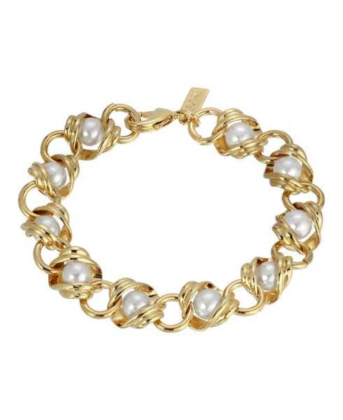 Women's 14K Gold-tone Chain with Imitation Pearl Inset Link Bracelet