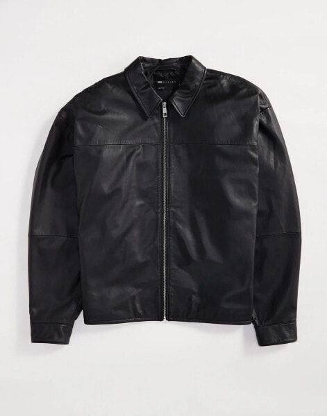 ASOS DESIGN Premium real leather harrington jacket in black