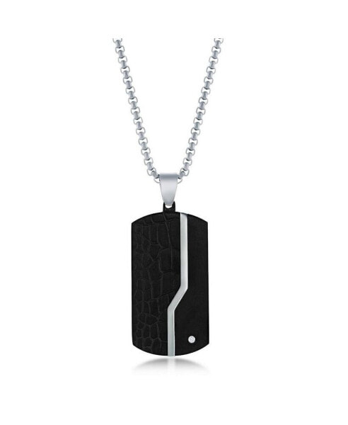 Mens Stainless Steel Black Pebbled Single CZ Dog Tag Necklace